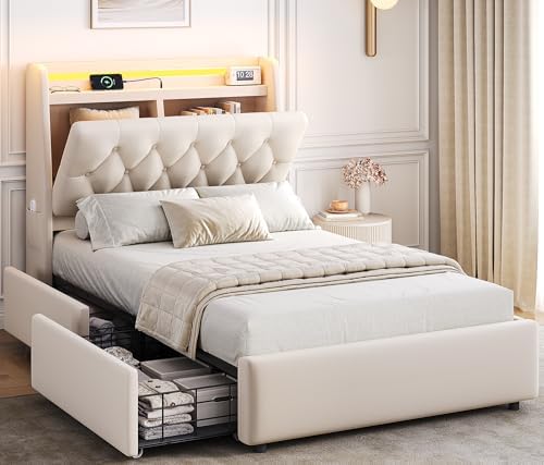 Twin LED Velvet Bed Frame with 2 Storage Drawers&Hidden Headboard, Upholstered by JOCOEVOL