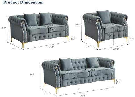 Hybition 3-Piece Living Room Sofa Set, Tufted Design - Image 4