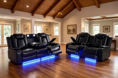 Power Recliner Set with LED, Sofa and Loveseat Set, Leather Reclining Sectional by COSYMOORFURNITURE