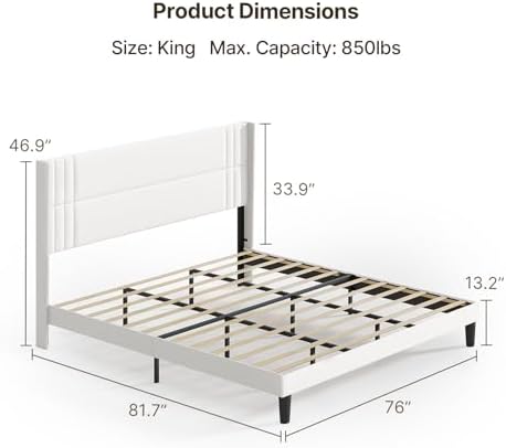 Gizoon King Bed Frame with Wingback Headboard, Upholstered Platform Bed - Image 2