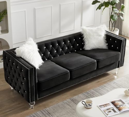 Aoowow Chesterfield 3 Seater Sofa Diamond Button Tufted, Modern Velvet Black 3 by Aoowow