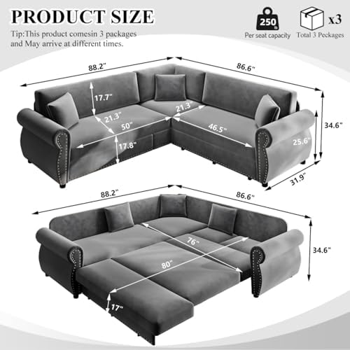 88.2" Chenille L-Shaped Pull-Out Sectional Sleeper Sofa Bed, Light Grey - Image 3