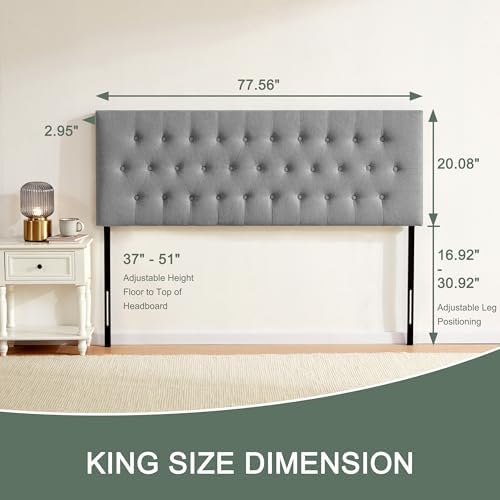 Tufted Upholstered Headboard King Size, Adjustable Height 37- 51 in - Image 2