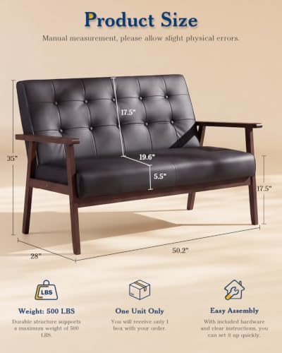 51" Black Faux Leather Mid Century Modern Loveseat - Image 2