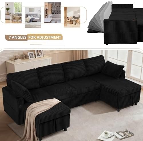 110" Corduroy U-Shape Sofa Bed - Image 5