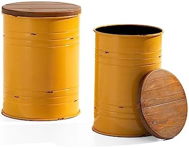 Glitzhome Rustic End Table Set of 2, Farmhouse Galvanized Metal Barrel Ottoman - Image 3
