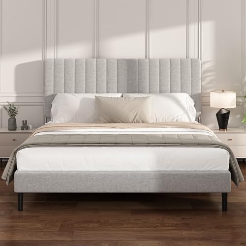 Full Linen Bed Frame with Vertical Channel Tufted Headboard Light Grey by Mxhtcewz