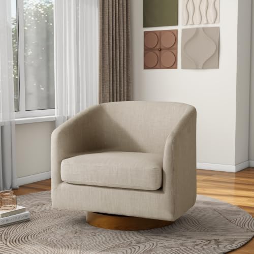 Pia Ricco Set of 4 Oversized Linen 360° Swivel Barrel Accent Chair Light Brown - Image 6