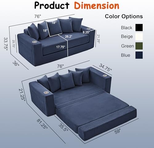 76" Convertible Sofa Bed, Corduroy Boneless Couch - Image 2