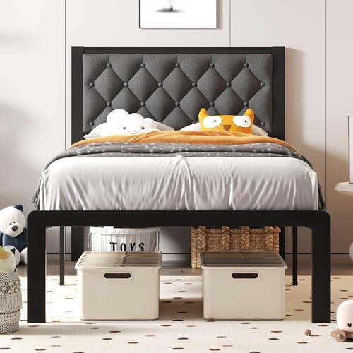 Fluest Twin Bed Frame with Headboard Linen Upholstered Bed Frame Platform by Fluest