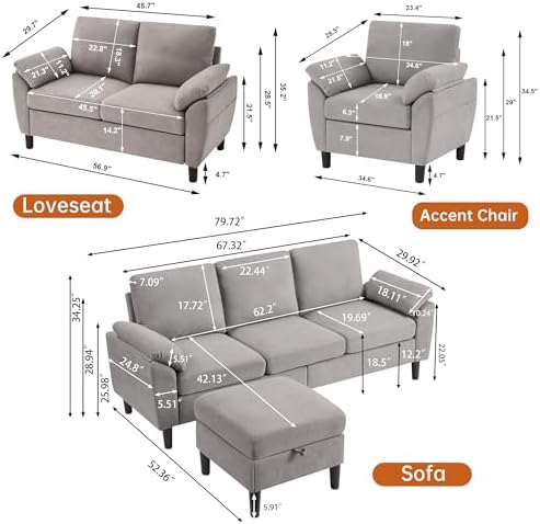 3 Pieces Sectional Sofa Set, 3-Seat L Shaped Couch - Image 2