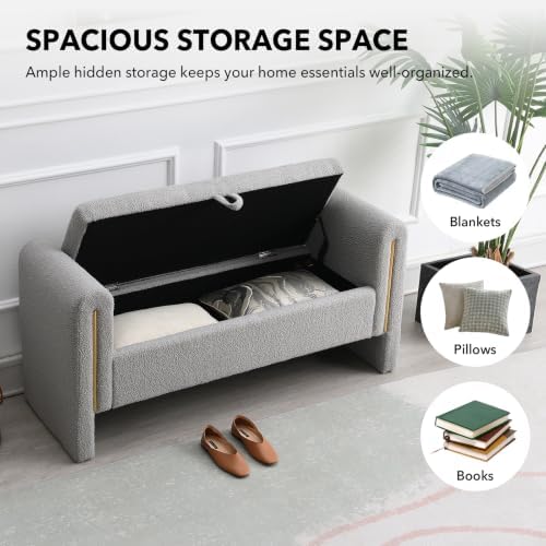 52" Flip-Top Storage Ottoman Bench, Teddy Entryway Bench - Image 4