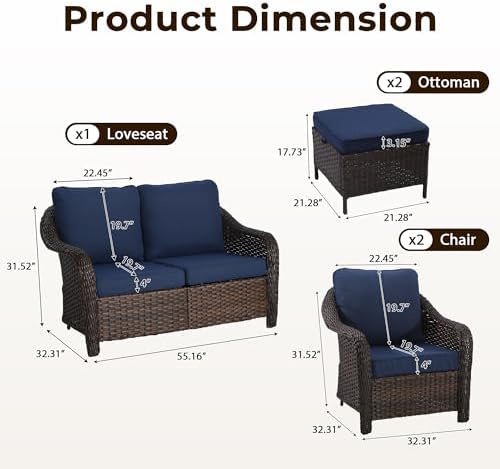 5 Piece Patio Wicker Conversation Set, All-Weather Use Outdoor Wicker Loveseat - Image 2