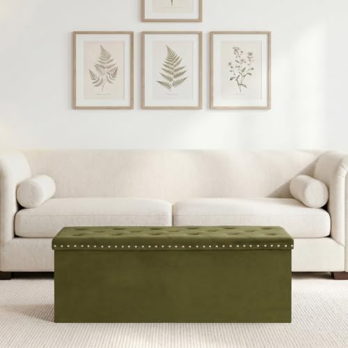 PINPLUS Folding Storage Ottoman Bench, Olive Green Velvet - Image 2