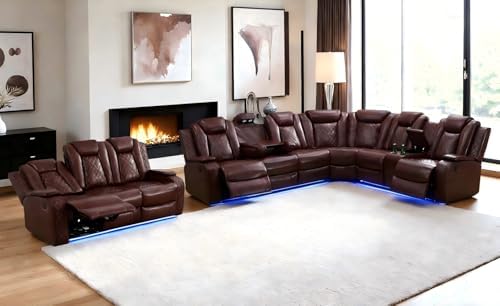 Leather Power Recliner Sectional Sofa, LED Reclining Couch Set by LianHongDirect-Nervlox