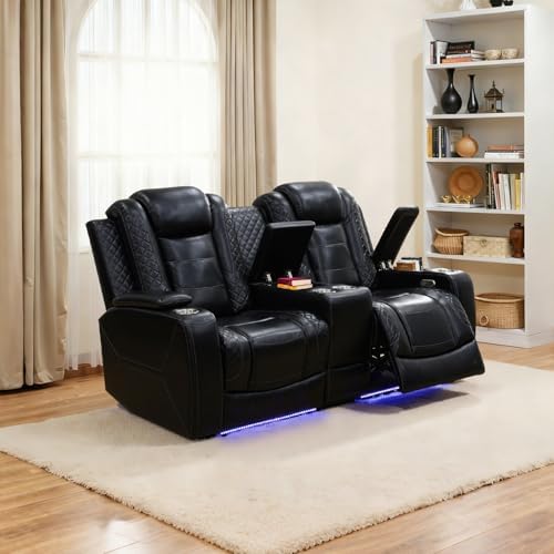 Power Recliner Sofa with LED Lights, Leather Reclining Loveseat with Double by Caberryne