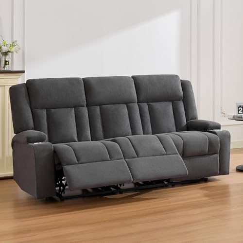Recliner Sofa with Cup Holders, 3-Seater Fabric Reclining Couch, Manual by Unknown