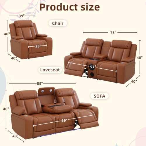 Power Recliner Sofa Set 3 Piece, Leather Reclining Couch - Image 2