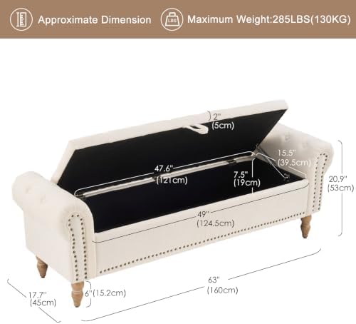 Furniliving 63” End of Bed Storage Bench, Bedroom Bench - Image 3
