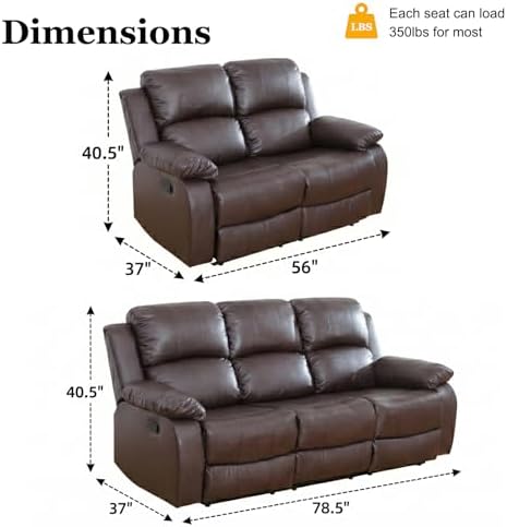 2 Piece Manual Reclining Leather Sofa Set, Reclining Couch Sofa Set Includes 3 - Image 7
