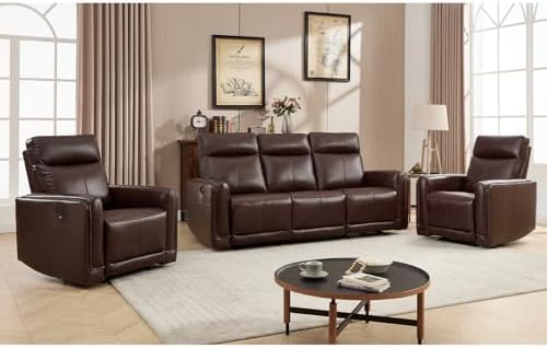 CANMOV Genuine Leather Power Recliner Sofa Set, Power Reclining Couch Set by CANMOV