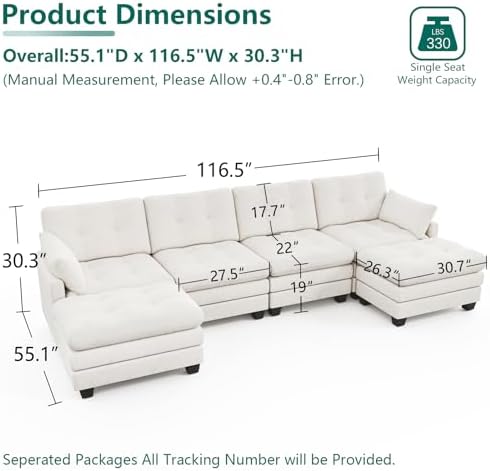 116.5" Modular Sectional Cloud Couch, U Shaped Tufted Sofa - Image 2