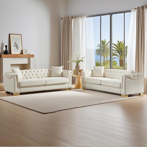 2 Pieces Chesterfield 3-Seater Velvet Combination Sofa Sets, 4 Cushion Classic - Image 7