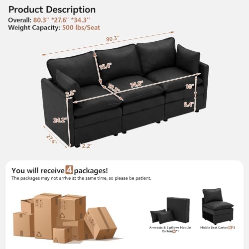 80" Black Faux Leather Storage 3 Seater Sofa, Modular Sectional Cloud Sofa - Image 2
