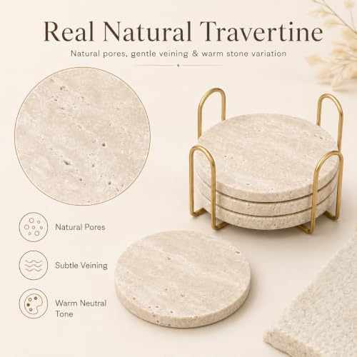 Travertine Coasters with Gold Holder, Cork Backing - Image 2