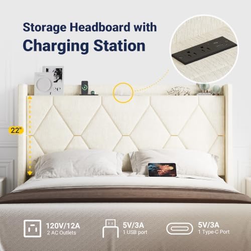 Allewie Queen Bed Frame with Storage Headboard & Smart Charging Station - Image 4