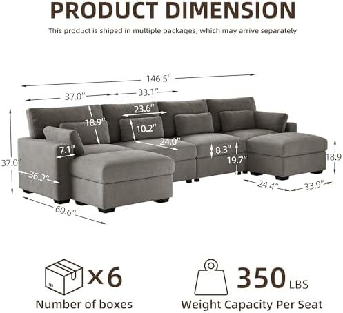 WorthFurni 146.5'' Modular Sectional Sofa, U Shaped Oversized Extra Deep Couches - Image 2