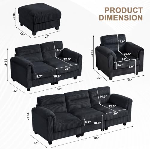 HAOMARKETS Corduroy 4-piece Sofa Set, Upholstered Ottoman, Loveseat 2-Seater - Image 2