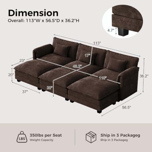 ELUCHANG 113" Oversized Modular Sectional Sofa, Comfy Chenille Cloud Couch - Image 2