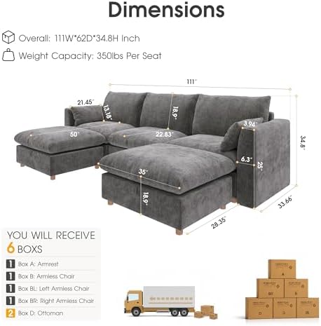 WorthFurni Oversized Modular Sectional Sofa, Comfty 5 Seat Modular Sofa - Image 2