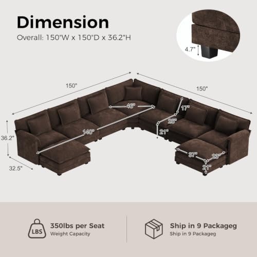 ELUCHANG 150" Oversized Modular Sectional Sofa, Comfy Chenille Cloud Couch - Image 2