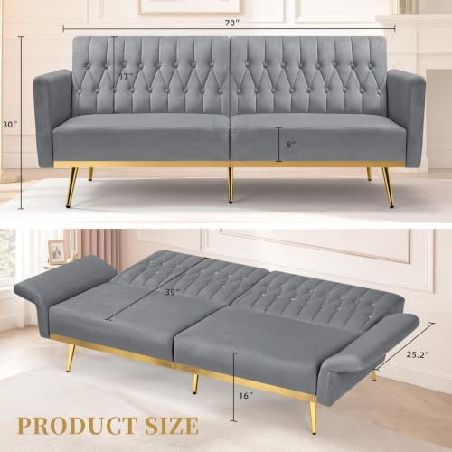 70” Velvet Futon Sofa Bed w/Adjustable Armrests - Image 3