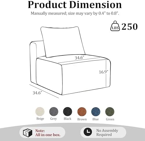 34.6”Modular Sectional Armless Middle Sofa Seat Boneless Corduroy Cloud Chair - Image 2