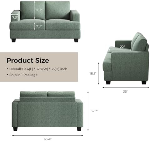 COPIAE 63 Inch Sofa with Extra Deep Seats Oversize, Linen Fabric 2 Seater Sofa - Image 2