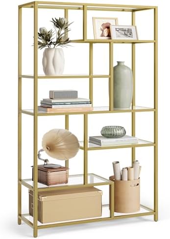VASAGLE 6-Tier Bookcase, Slim Shelving Unit, Tempered Glass, Steel Frame by VASAGLEbySONGMICSHOME
