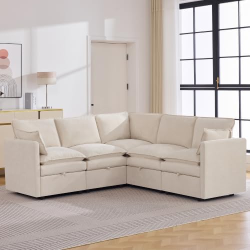 80" Beige Modular Storage Sofa, V Shaped Chenille Cloud Couch by Abbrevi