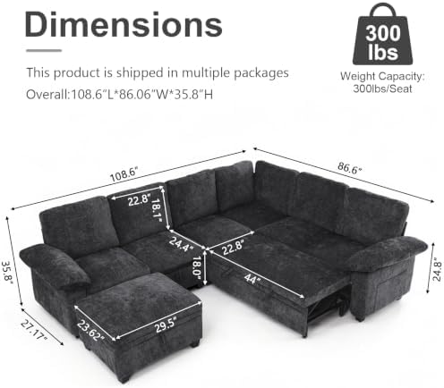 108''Modular Sectional Sleeper Sofa, L Shape Pull Out Sofa Bed - Image 2