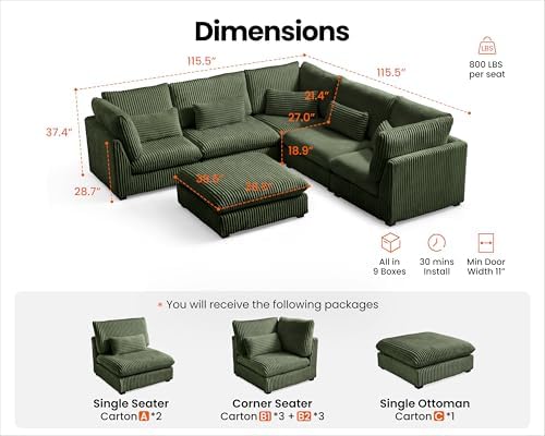 115" Oversize Corduroy Modular Sectional Sofa Couches - Image 2