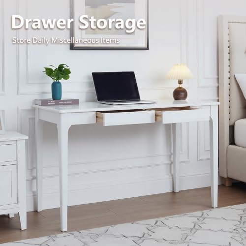 Solid Rubber Wood Desk with 2 Drawers, 47 Inch White Computer Writing Desk - Image 5
