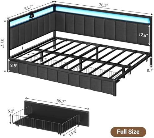 Hasuit Corner Bed Frame with Storage Drawers, Full Daybed with Line Fabric - Image 2
