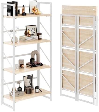 JSB No Assembly Folding Bookshelf, 4 Tier Industrial Metal Book Shelf by HomeFurniture