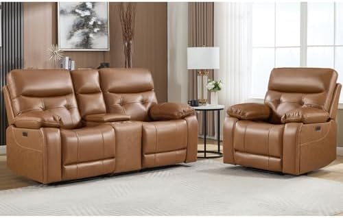 CANMOV Genuine Leather Power Recliner Sofa Set, Power Recliner Chair and by CANMOV