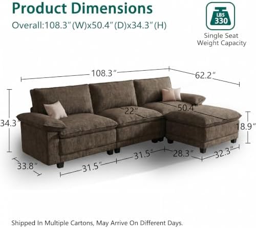 108" Modular Sectional Couch, L Shaped Cloud Sofa - Image 2