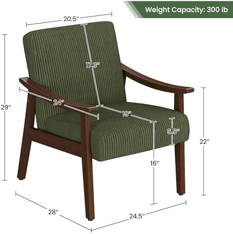 Yaheetech Accent Chairs, Mid-Century Corduroy Fabric Armchairs, Dark Green - Image 3