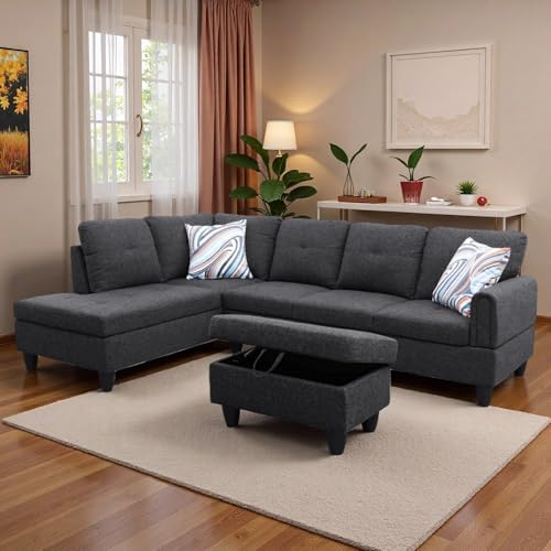 L-Shaped Sectional Sofa with Movable Chaise & Storage Ottoman, Lounge 3-Piece - Image 7
