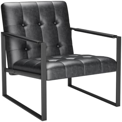 Black Leather Accent Chair, Mid Century PU Leather Armchair - Image 3